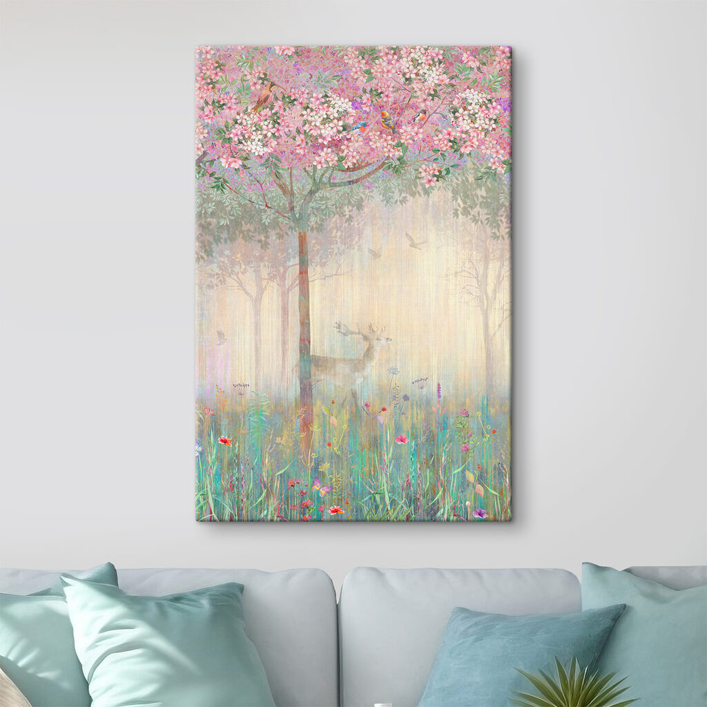 A painting of a deer in a field of flowers