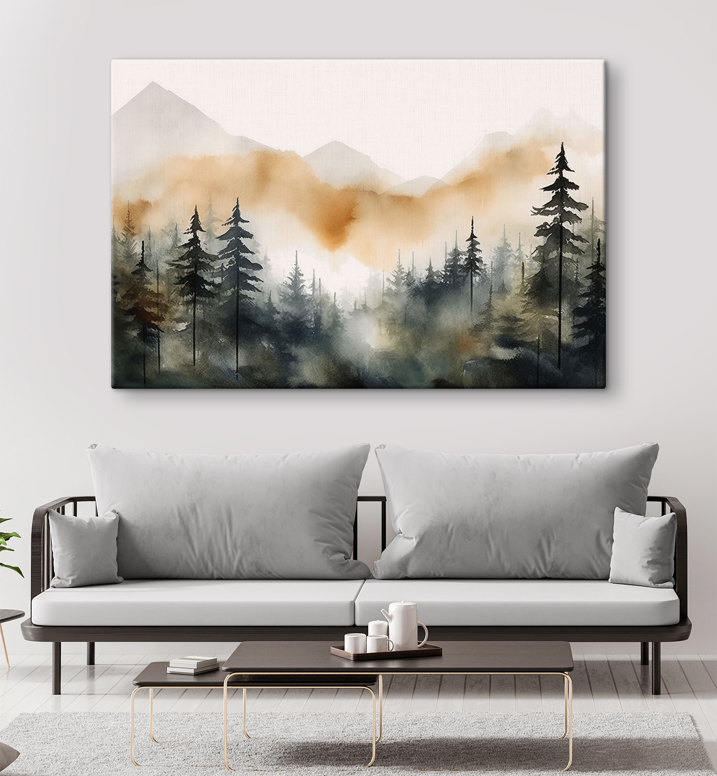 A watercolor of a forest with mountains in the background