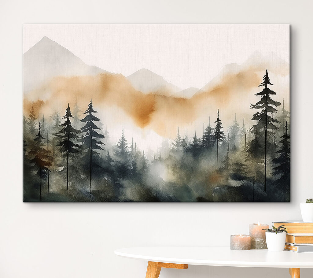 A watercolor of a forest with mountains in the background