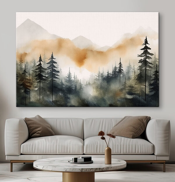 A watercolor of a forest with mountains in the background