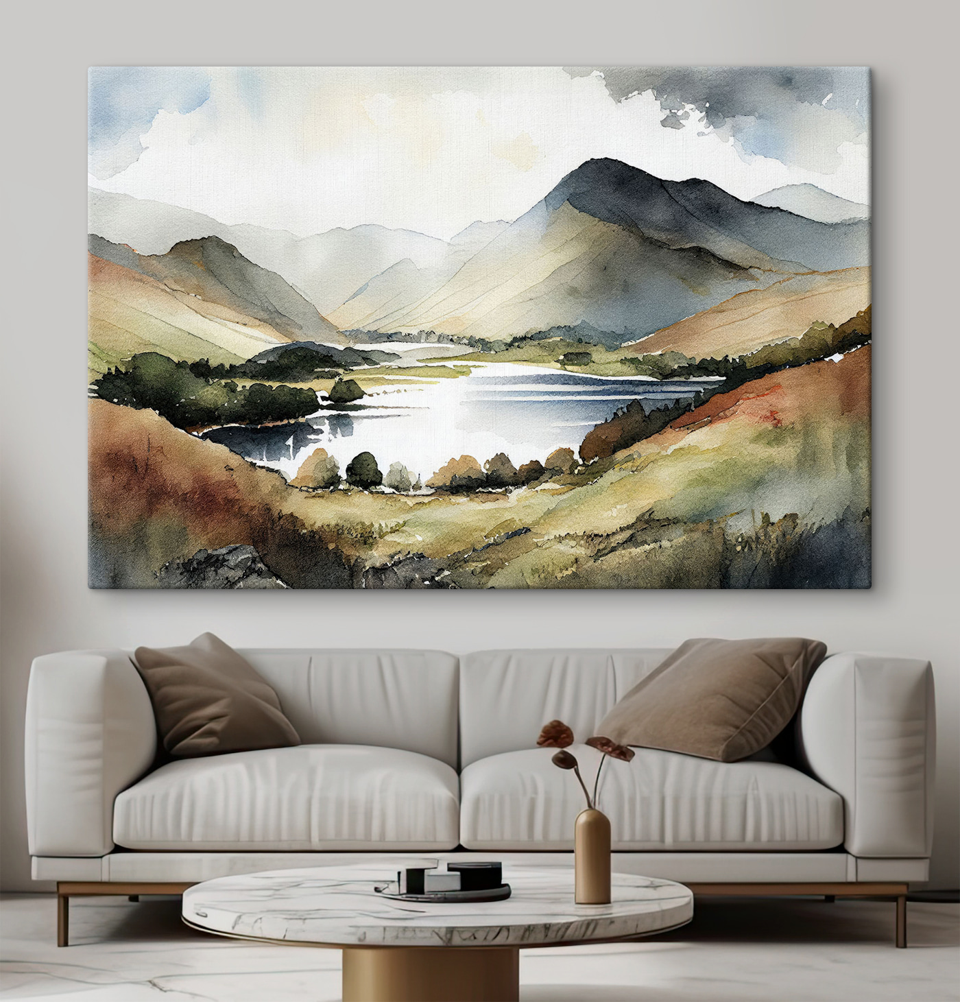 Watercolor of a lake surrounded by mountains