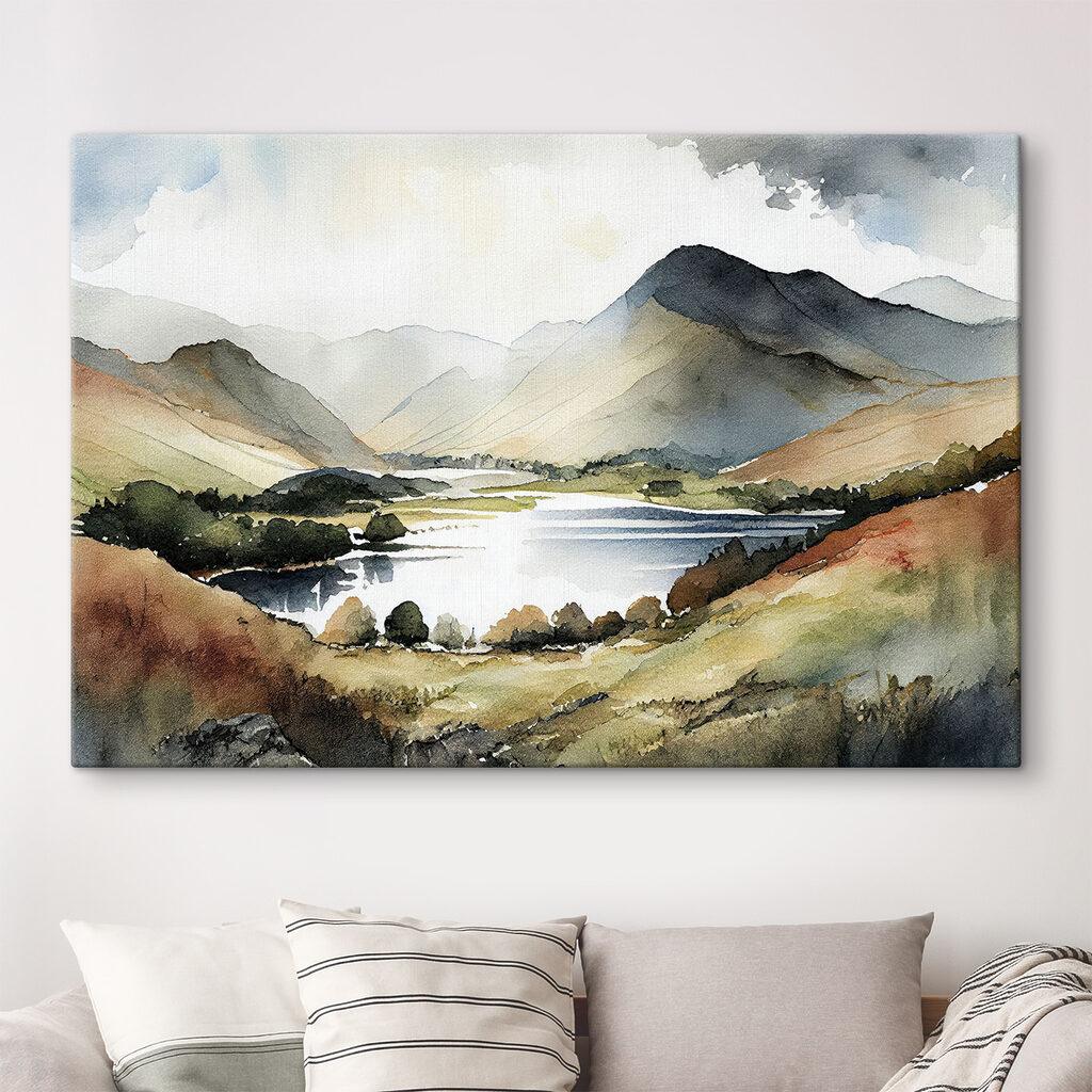 Watercolor of a lake surrounded by mountains