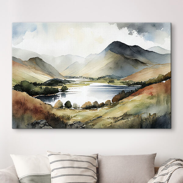 Watercolor of a lake surrounded by mountains