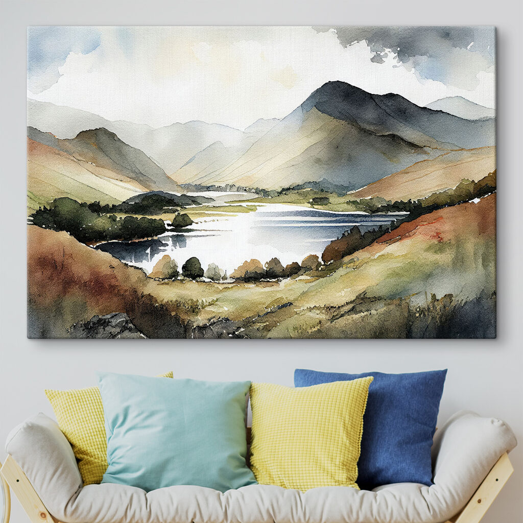 Watercolor of a lake surrounded by mountains