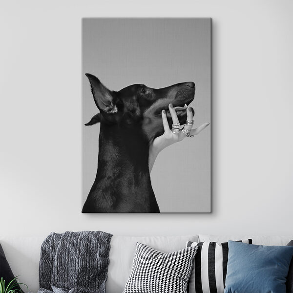 A hand holding a dog's face