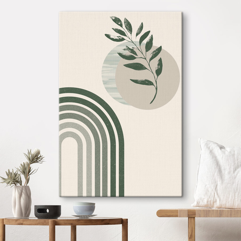 A green and white rainbow with a leaf and a plant