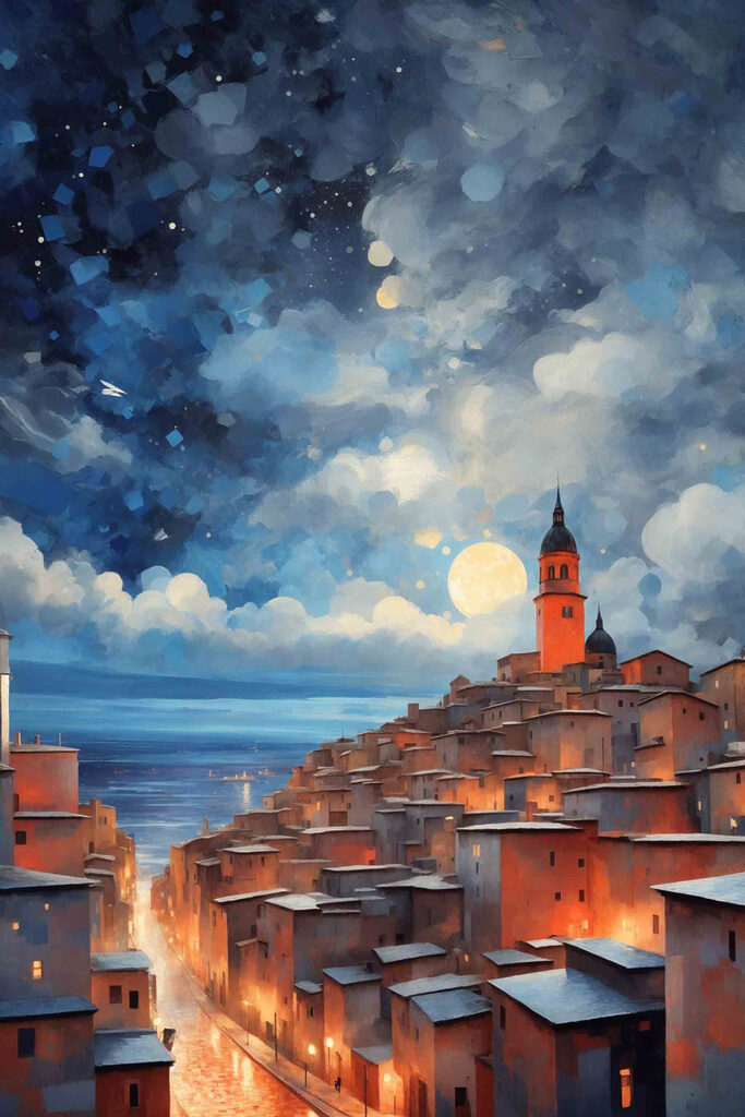 A city with a tower and a building in the middle