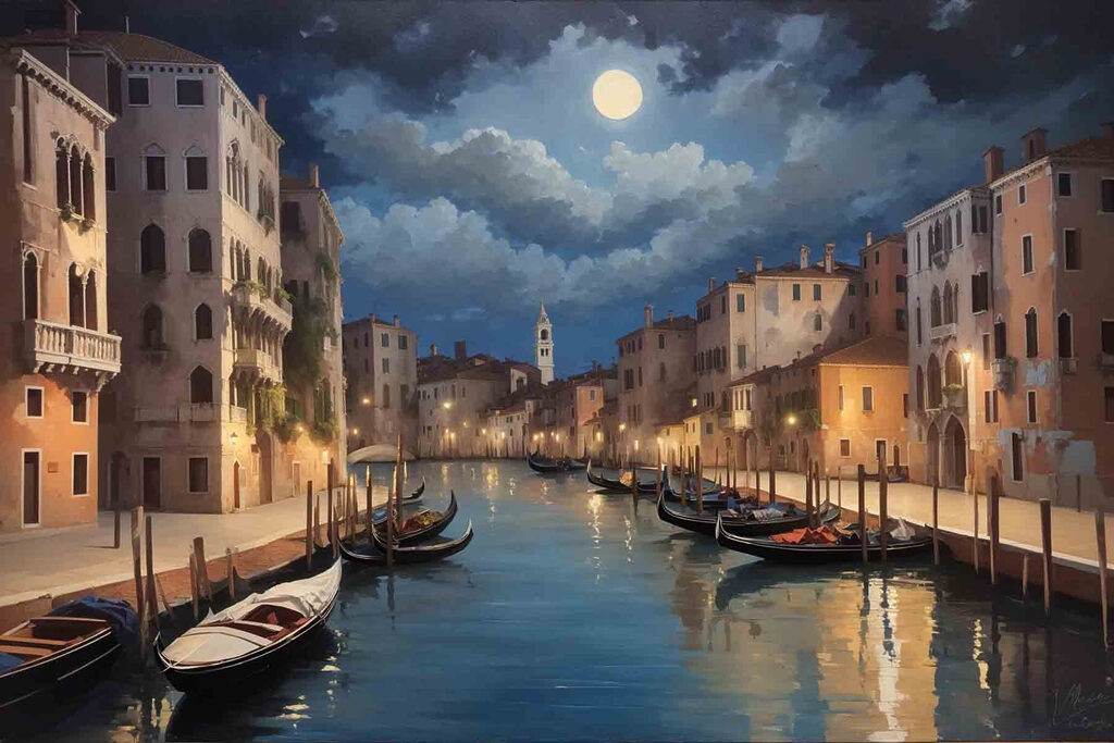 A water canal with boats and buildings in the background
