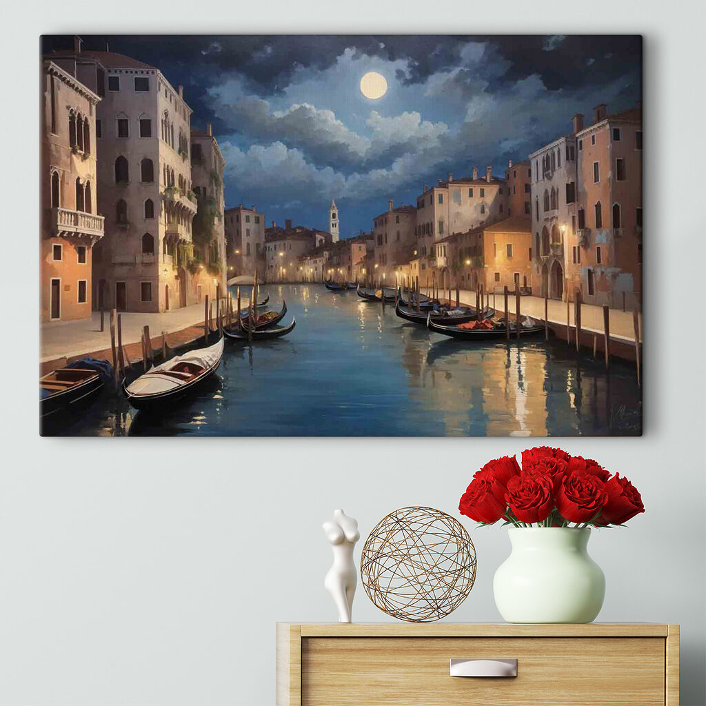 A water canal with boats and buildings in the background