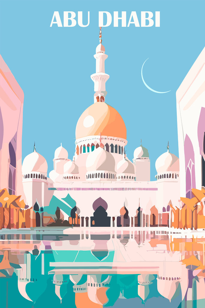 A large building with a dome and a pool with Sheikh Zayed Mosque in the background