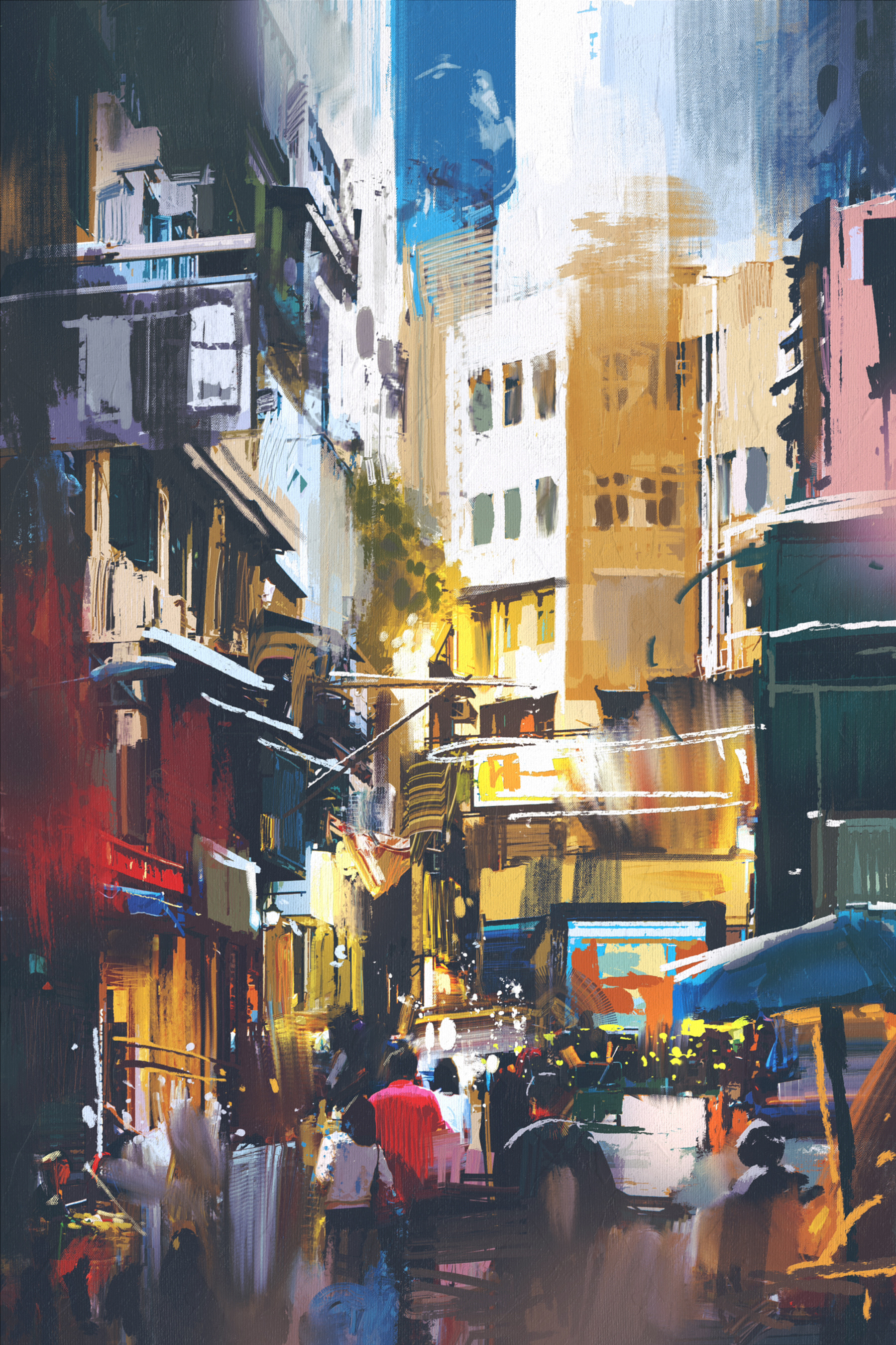 A street with buildings and people walking