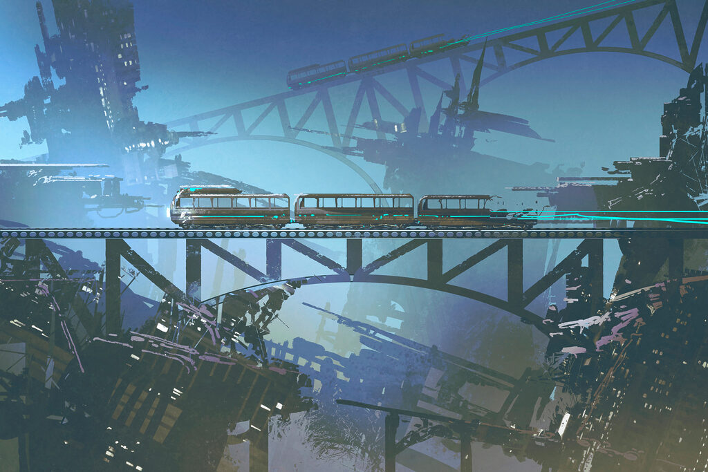 A train on a bridge over a city