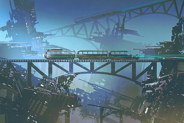 A train on a bridge over a city