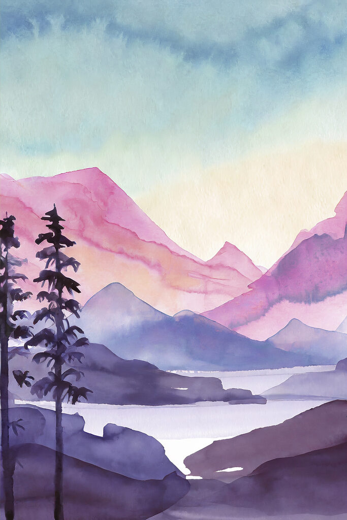 Watercolor painting of mountains and trees Watercolor painting of mountains and trees