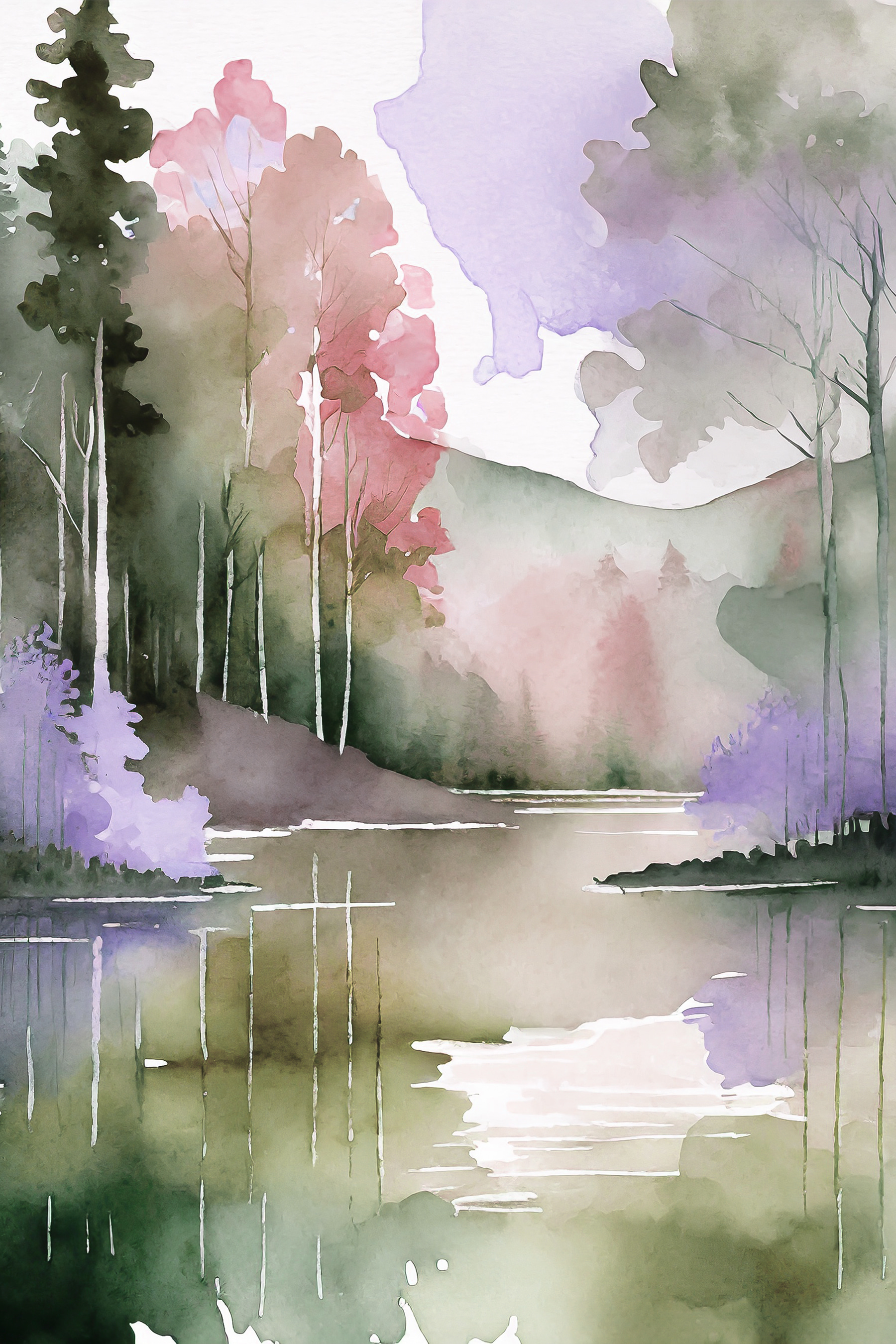 Watercolor painting of a river with trees and mountains in the background
