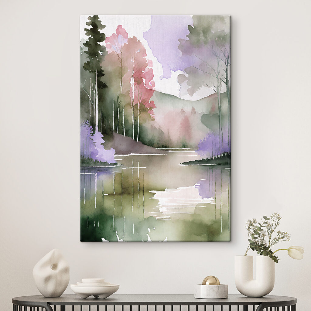 Watercolor painting of a river with trees and mountains in the background
