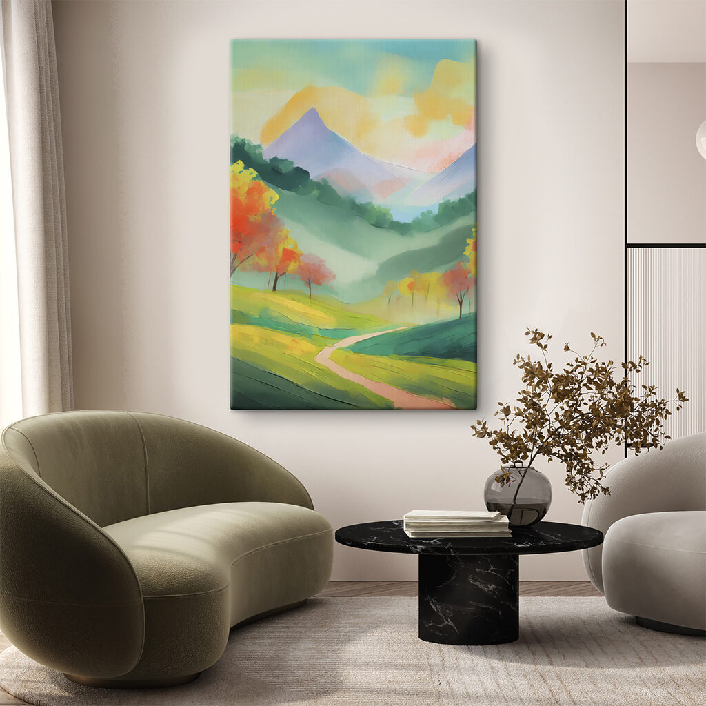 A painting of a mountain landscape A painting of a mountain landscape