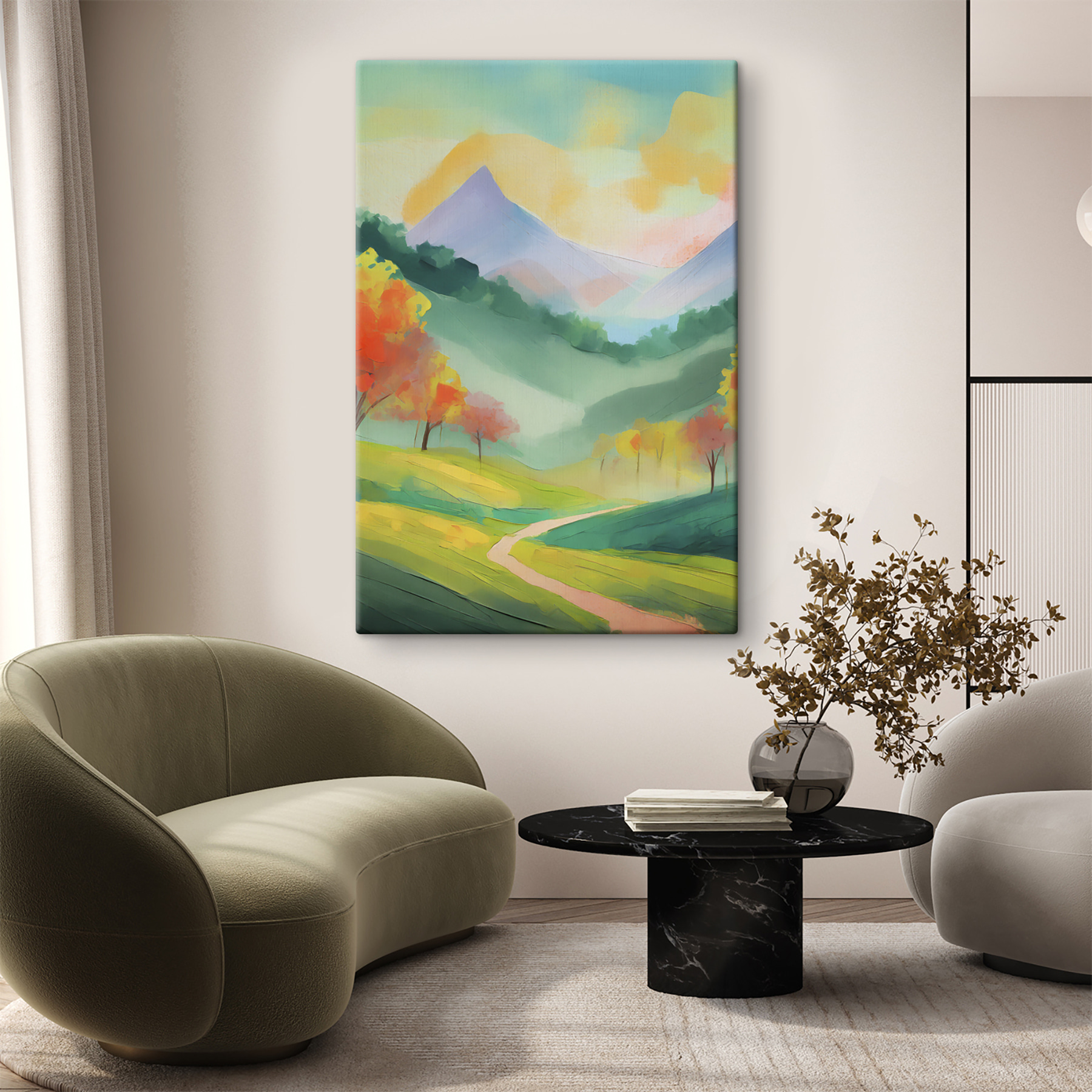 A painting of a mountain landscape A painting of a mountain landscape