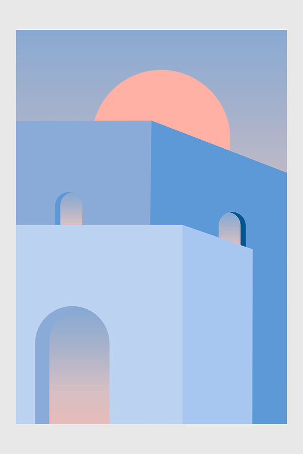A blue building with a pink sun behind it