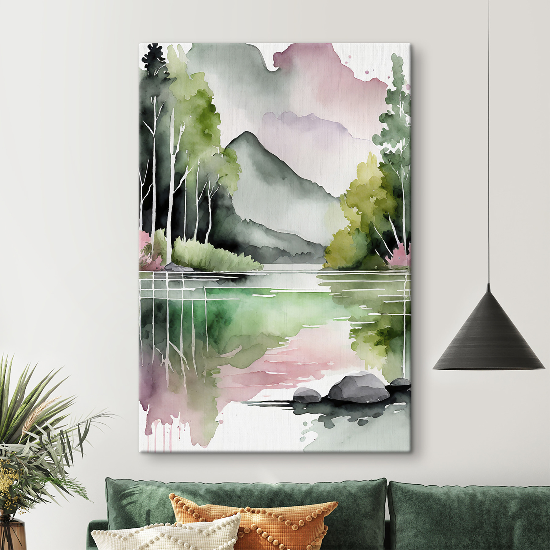 Watercolor painting of a lake with trees and mountains in the background