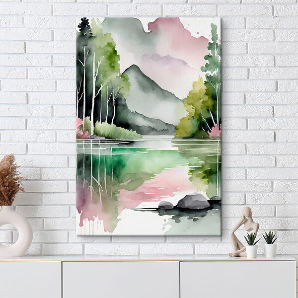 Watercolor painting of a lake with trees and mountains in the background