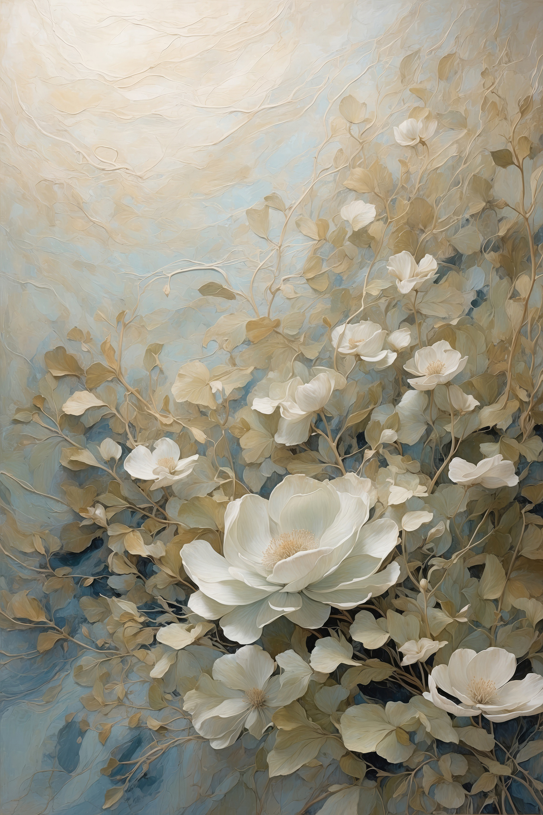A painting of white flowers and leaves