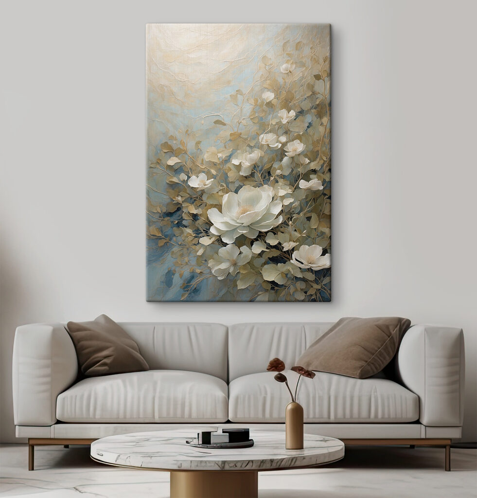 A painting of white flowers and leaves