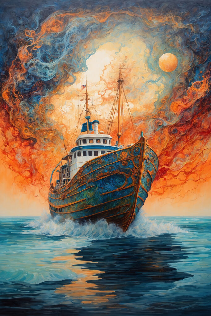 A painting of a ship in the ocean