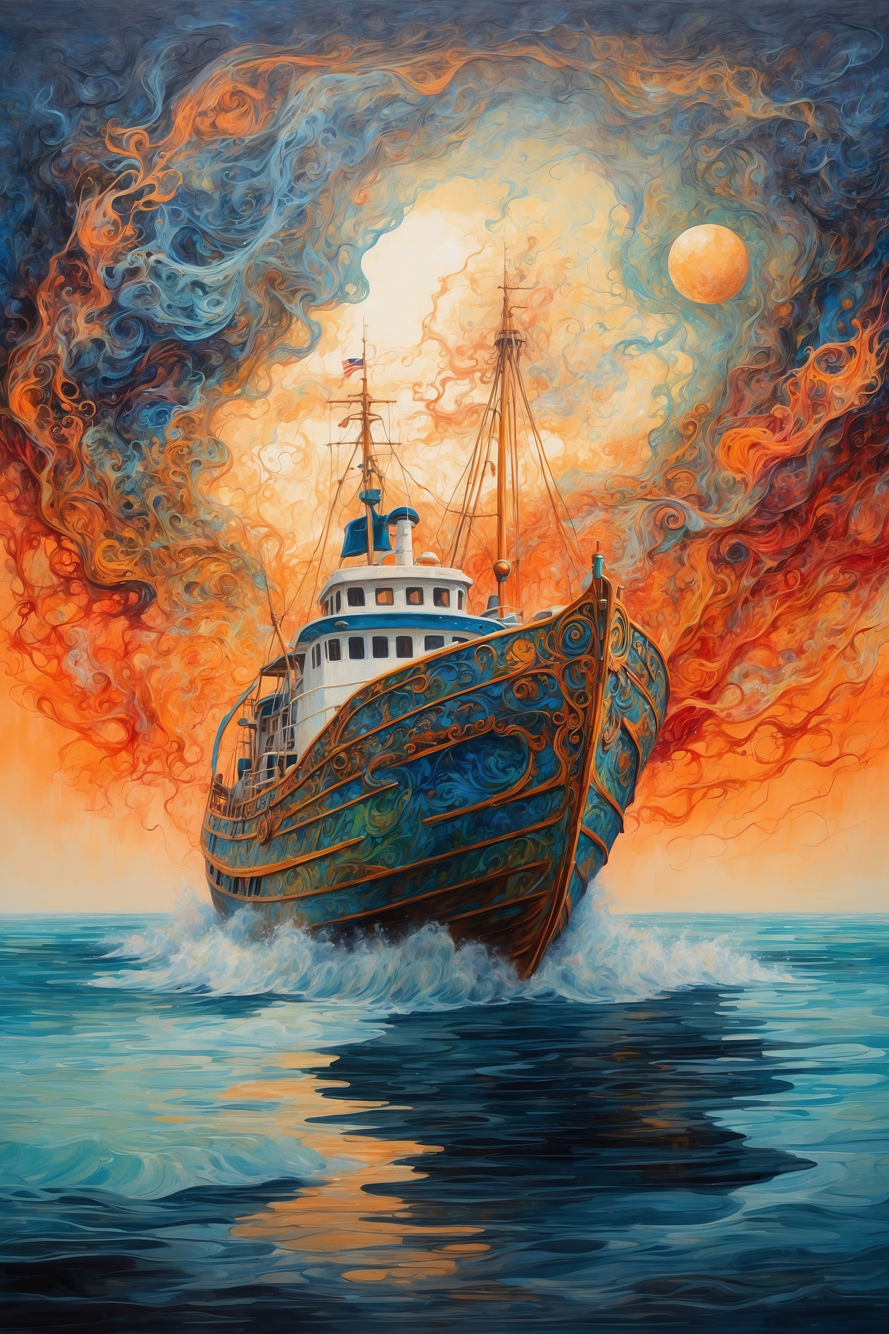 A painting of a ship in the ocean