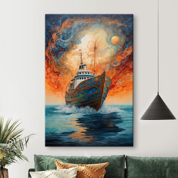 A painting of a ship in the ocean