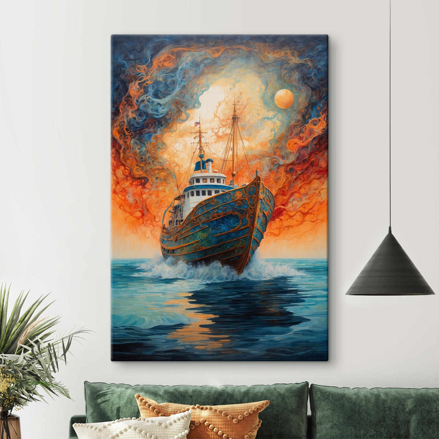 A painting of a ship in the ocean