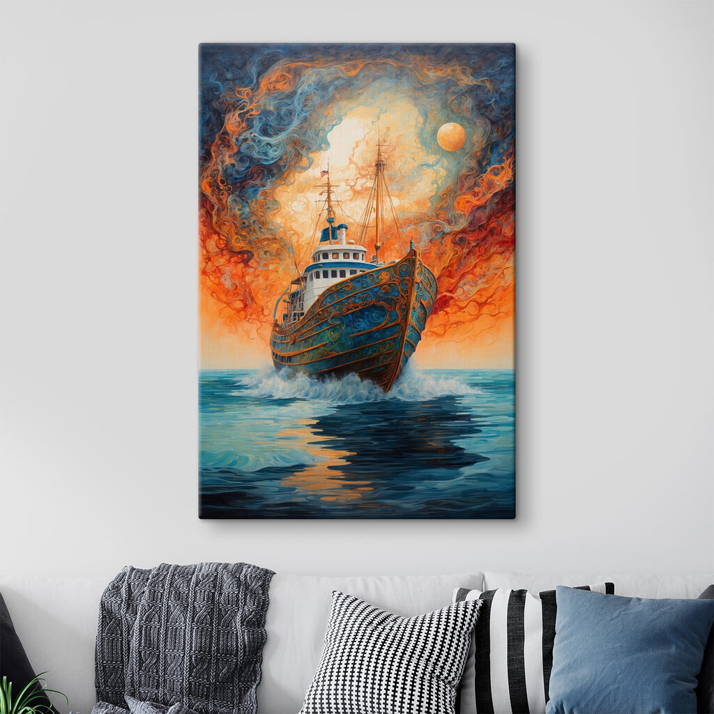 A painting of a ship in the ocean
