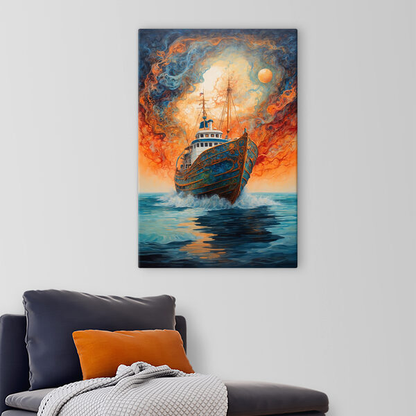 A painting of a ship in the ocean