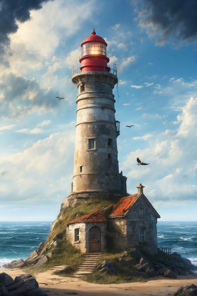 A lighthouse on a rock with Ford Island in the background