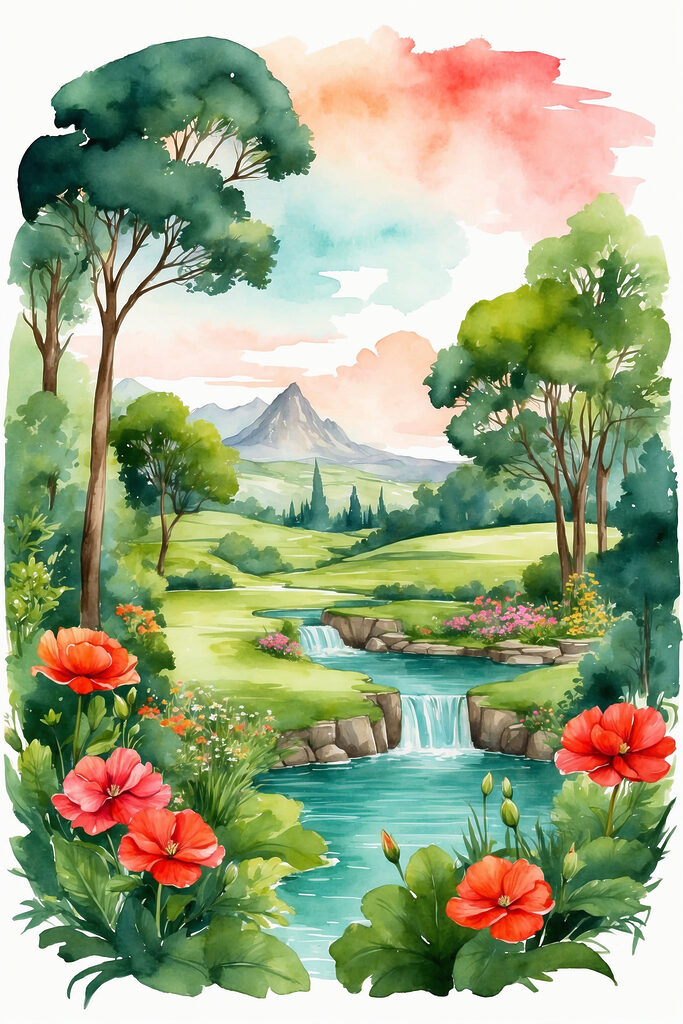 A watercolor painting of a river and flowers