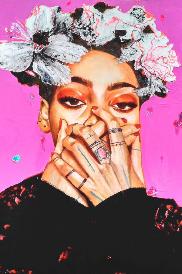 A painting of a woman with her hands over her mouth