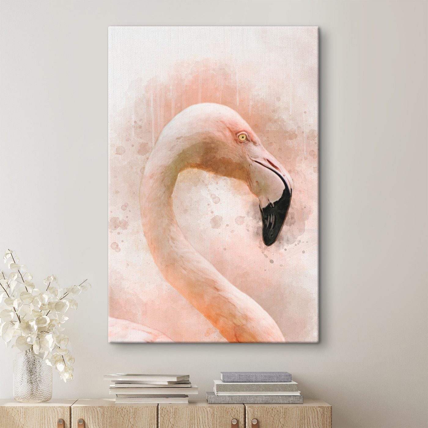 A pink flamingo with a black beak