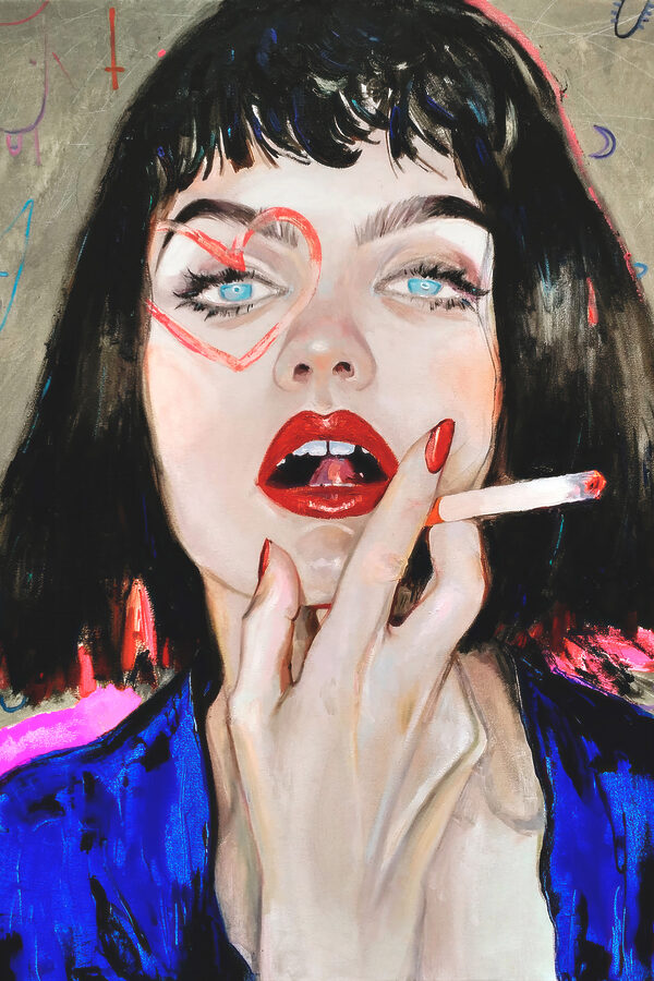 A woman with red lipstick and red lips smoking a cigarette