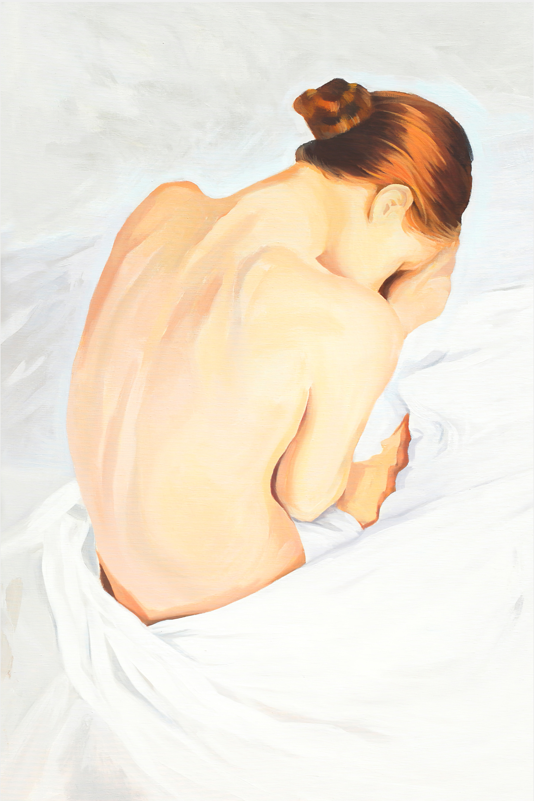 A painting of a woman with her head in her hands