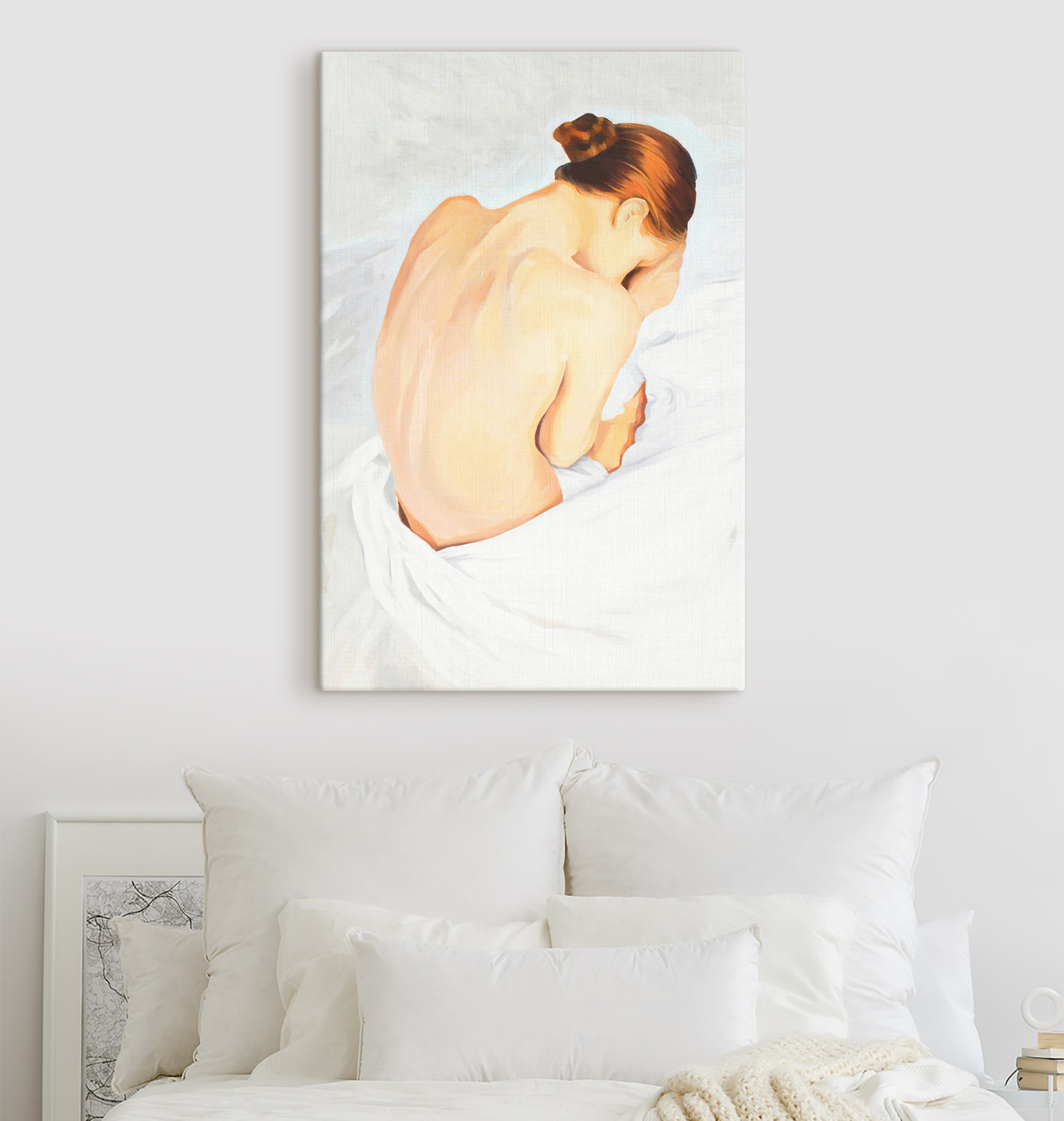A painting of a woman with her head in her hands