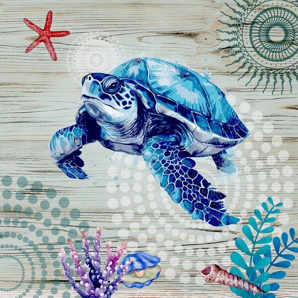 A blue sea turtle with corals and shells