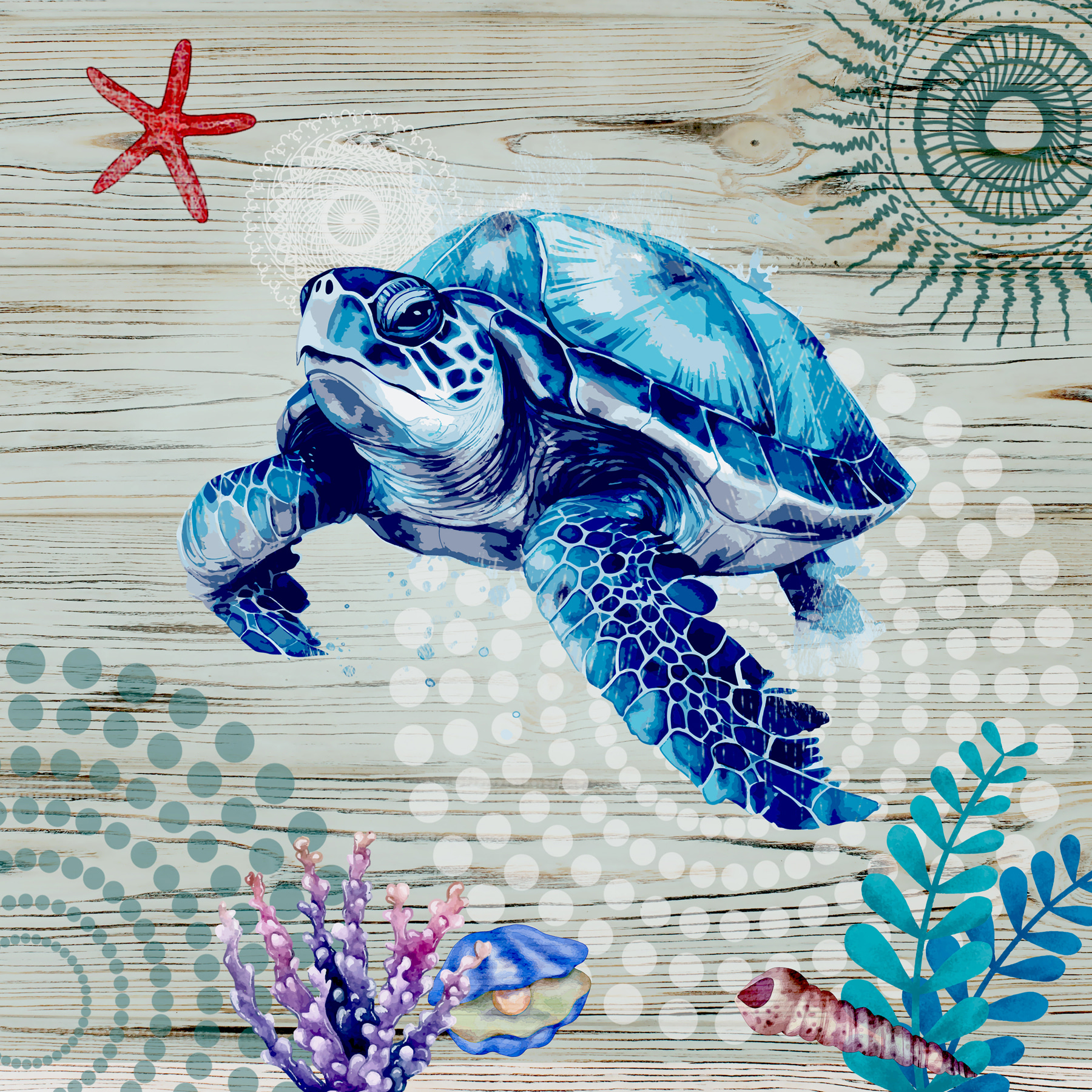 A blue sea turtle with corals and shells