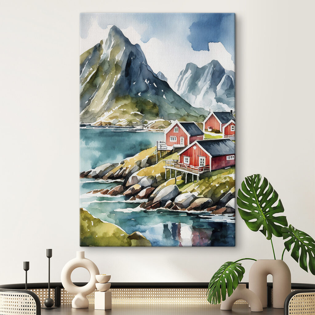 Watercolor painting of houses on a hill by a body of water