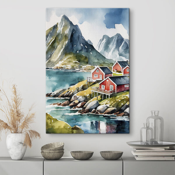 Watercolor painting of houses on a hill by a body of water