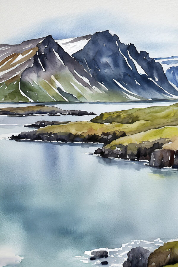 Watercolor of a lake and mountains