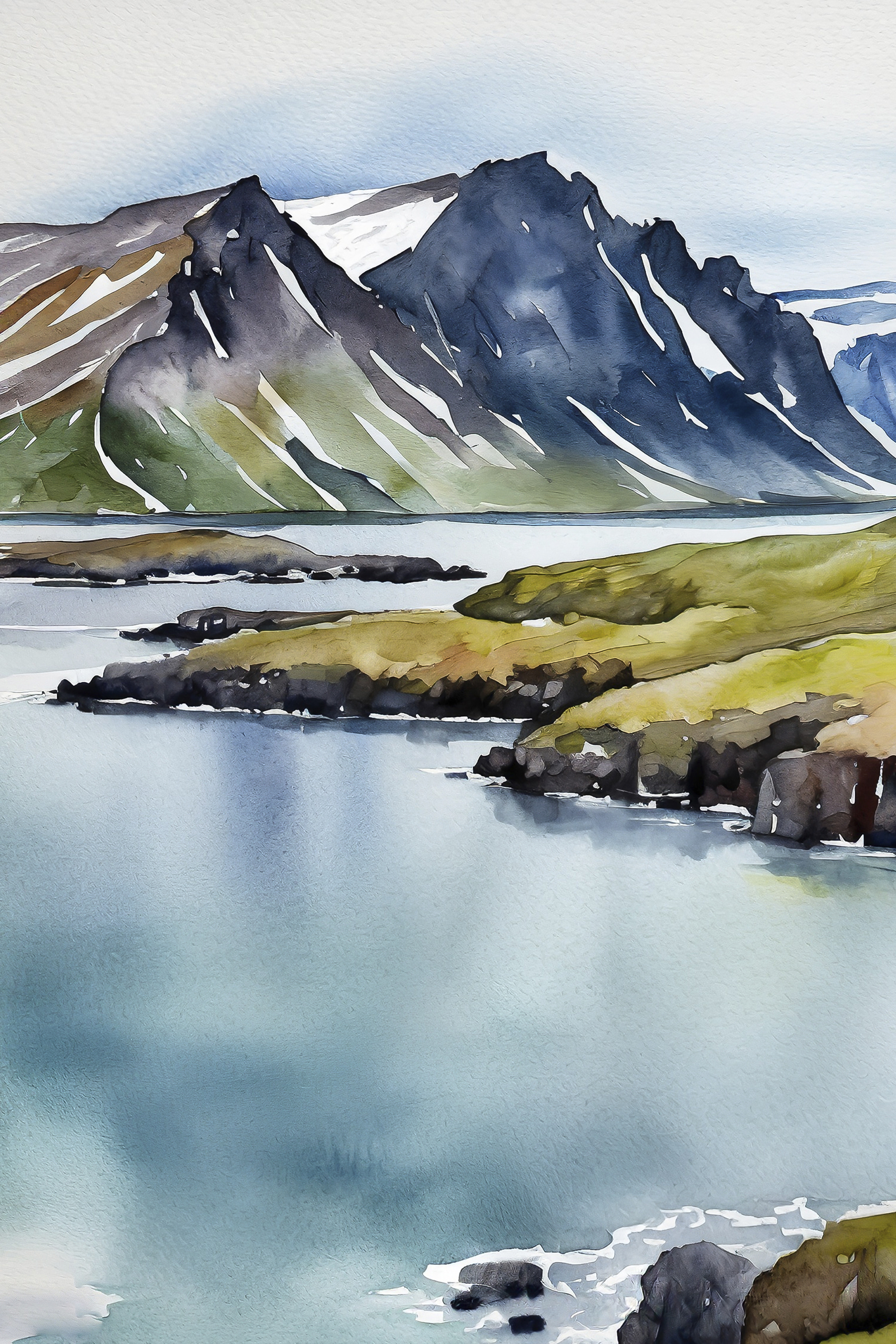 Watercolor of a lake and mountains