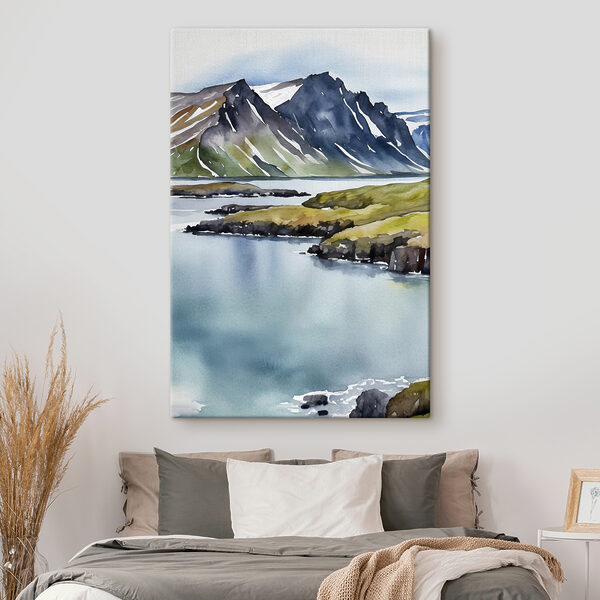 Watercolor of a lake and mountains