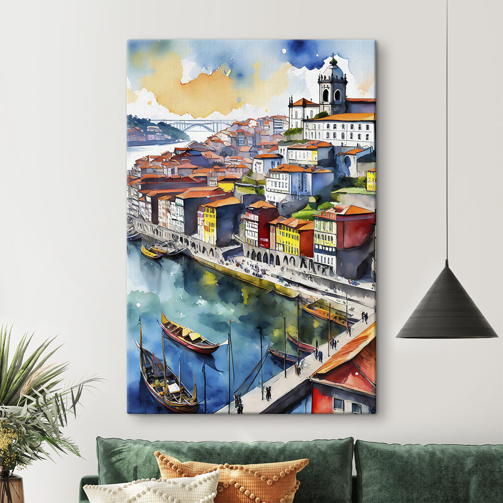 Watercolor of a city with boats and a bridge