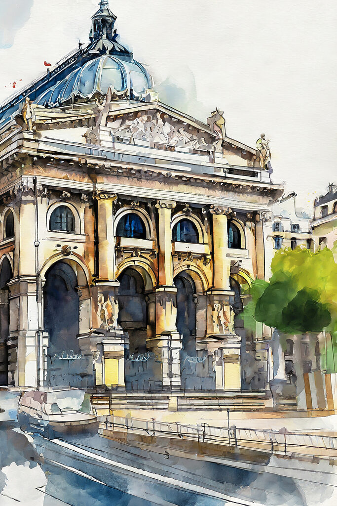 A watercolor of a building
