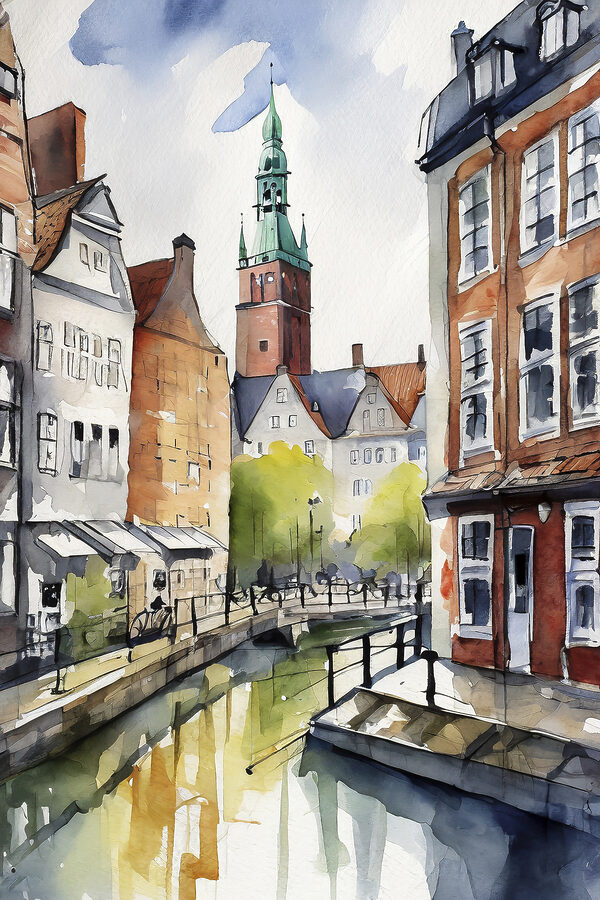 Watercolor of a canal with buildings and a tower